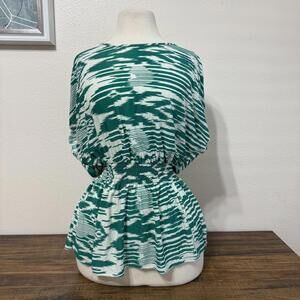 SHUI SI QING Green and White Patterned Elastic Waist Blouse Size L